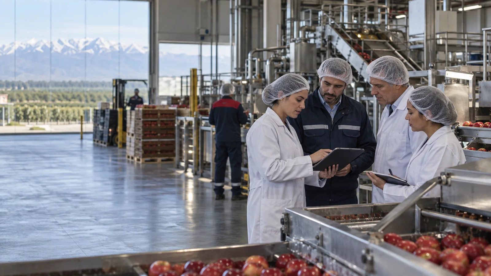 Escena editorial de un equipo técnico en una planta agroindustrial