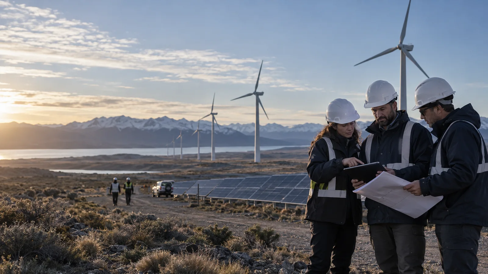 Escena editorial de revisión técnica en una instalación de energía renovable