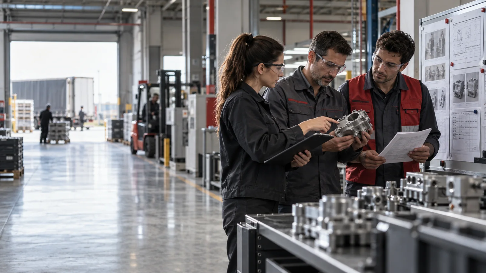 Escena editorial de control de componentes en una planta de manufactura
