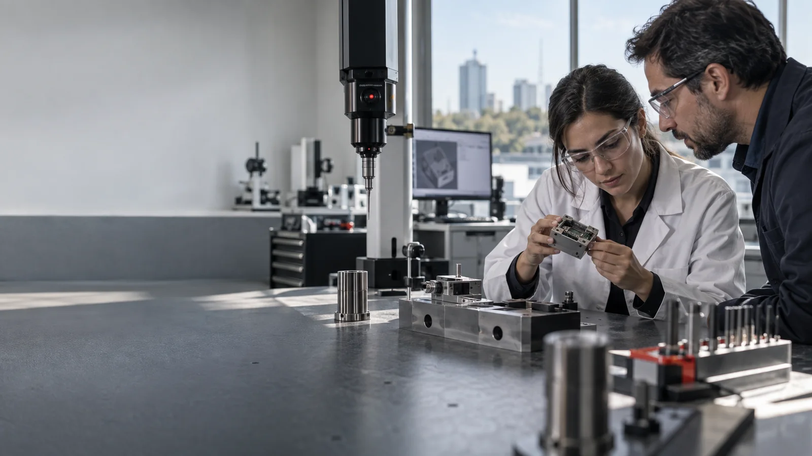 Escena editorial de profesionales inspeccionando un componente electrónico en un laboratorio