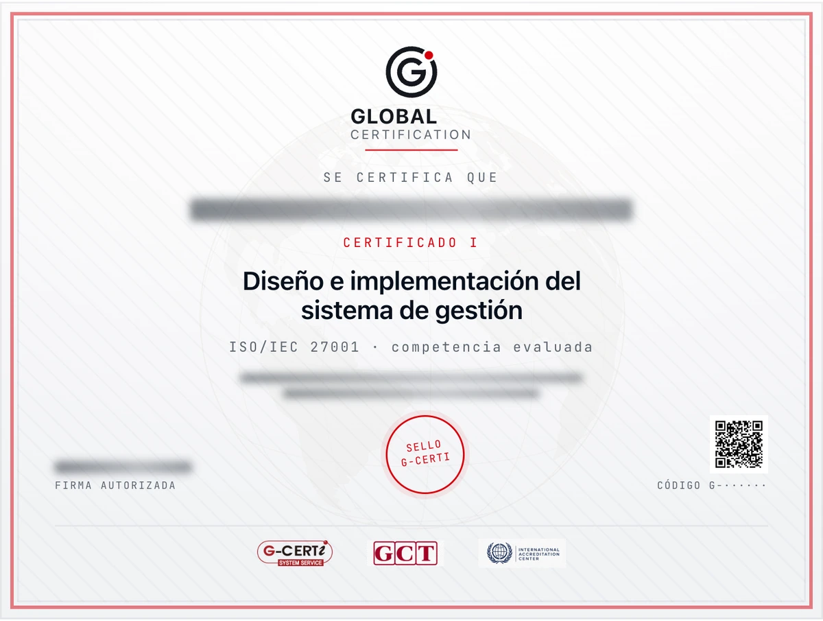 Muestra oficial de Diseño e implementación del sistema de gestión, ISO/IEC 27001. Datos personales ocultos en la fuente. No es un documento emitido.