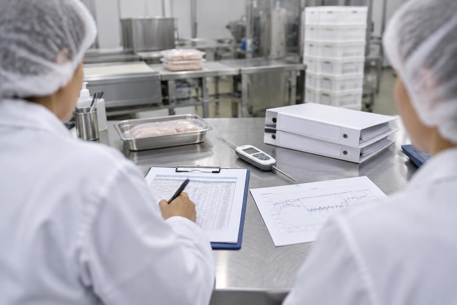Registros de trazabilidad y control de temperatura sobre una mesada de acero