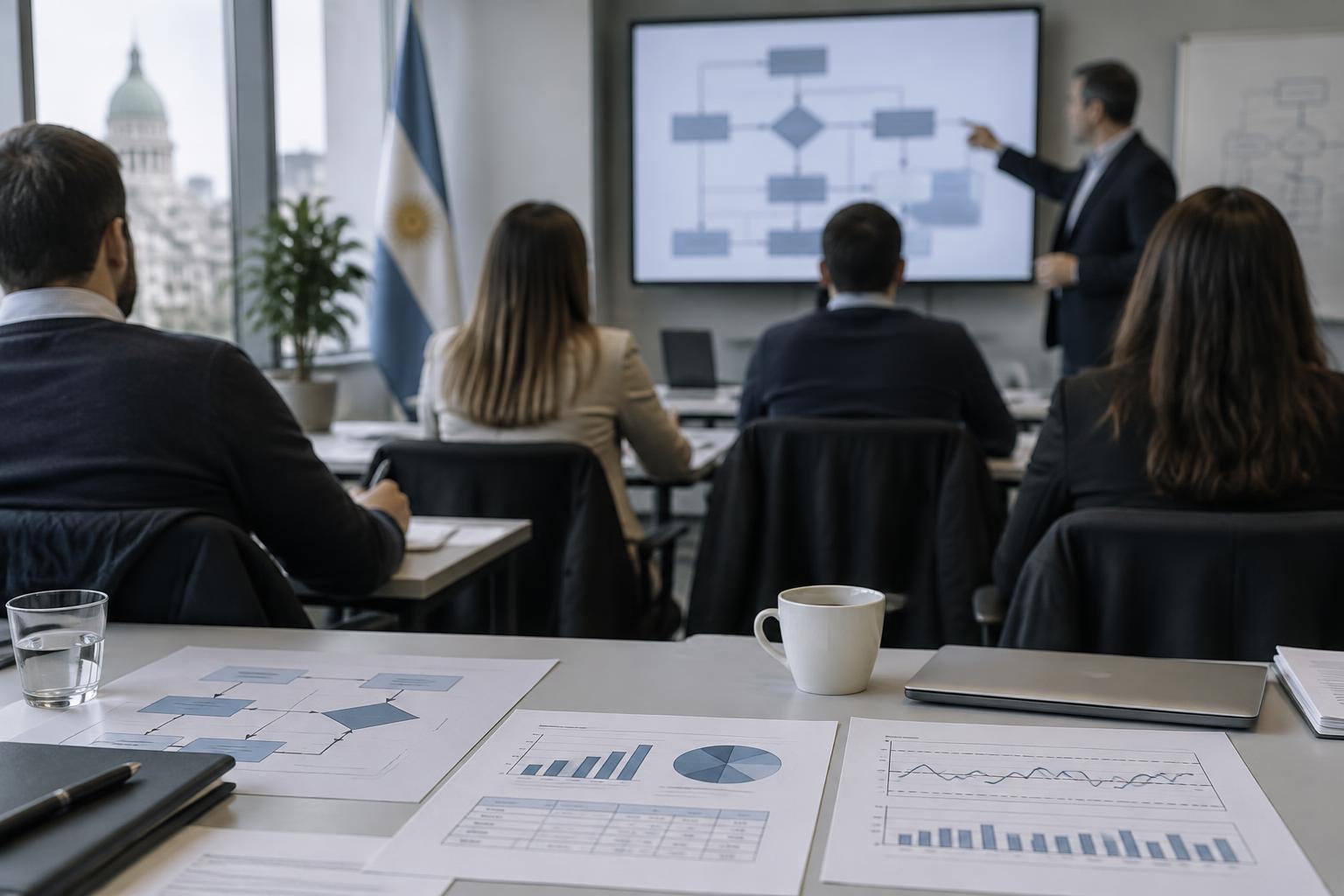 Mesa de trabajo con diagramas de procesos e indicadores de calidad