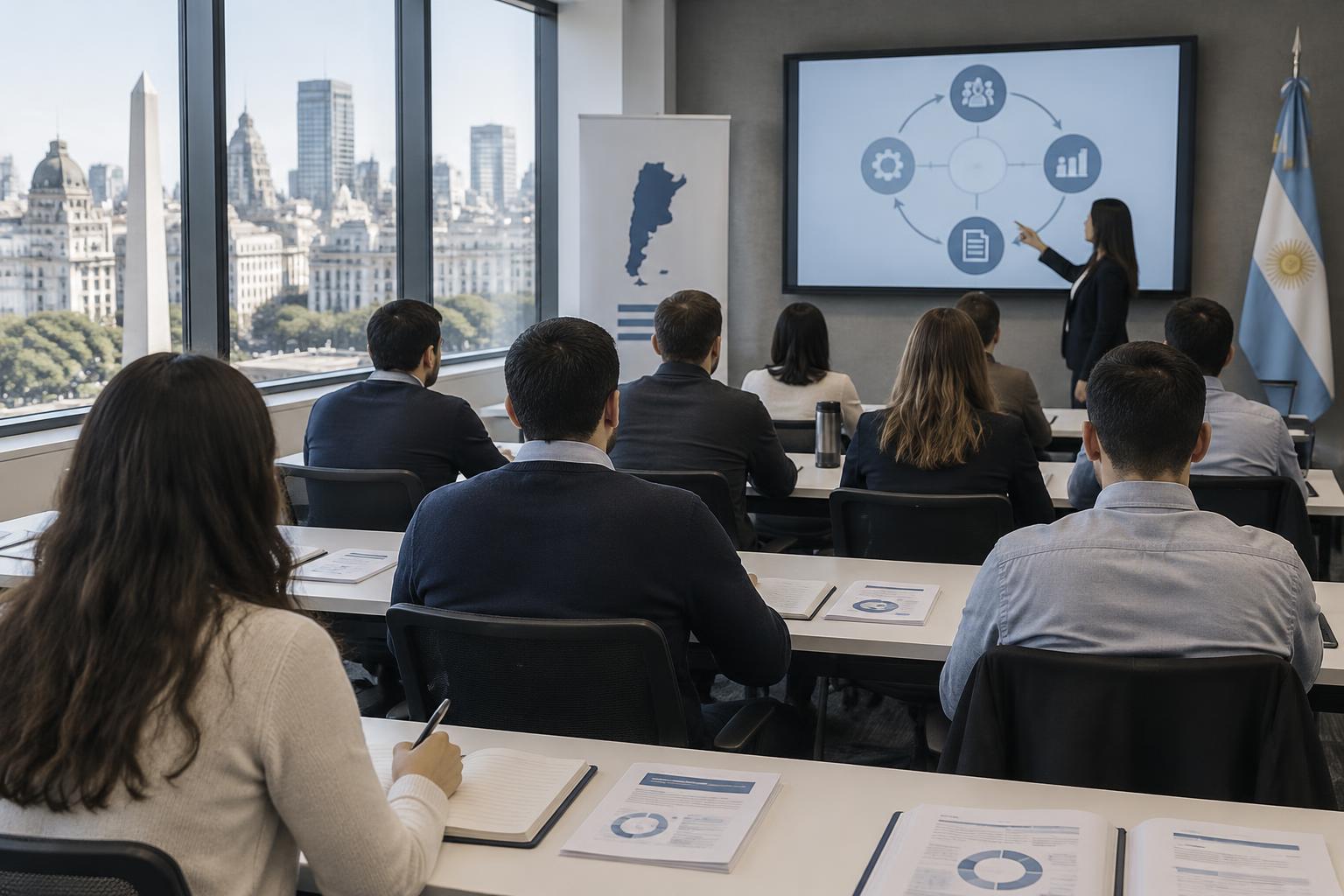 Aula de formación profesional con participantes de espaldas frente a un esquema de gestión