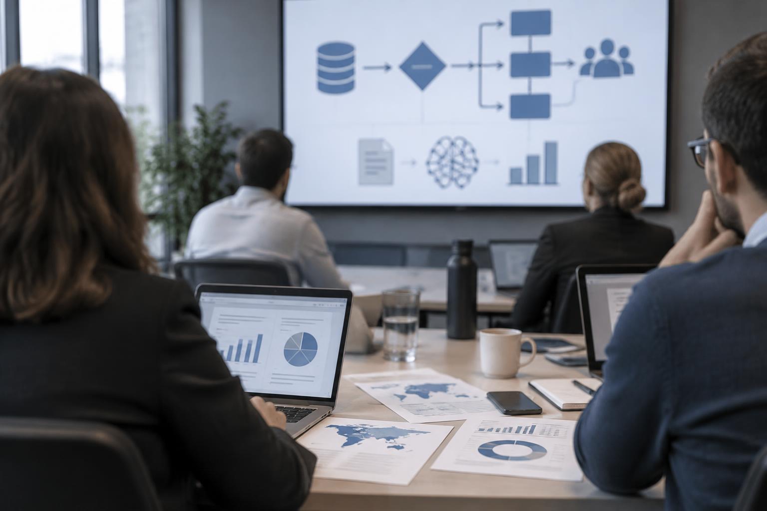 Mesa de trabajo con esquemas de datos y decisiones de un sistema de inteligencia artificial