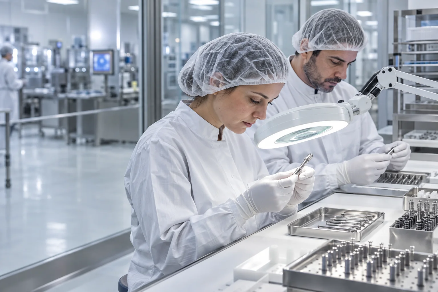 Escena editorial de inspección de instrumental en un entorno de fabricación de dispositivos médicos
