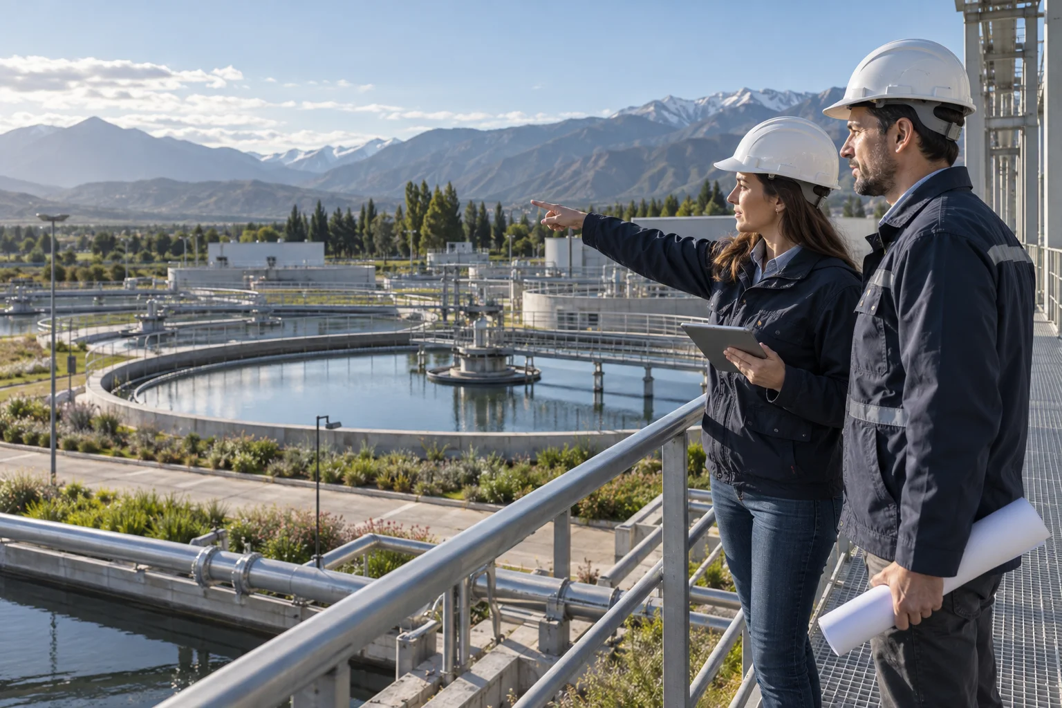 Escena editorial de revisión ambiental de una instalación de tratamiento y reutilización de agua