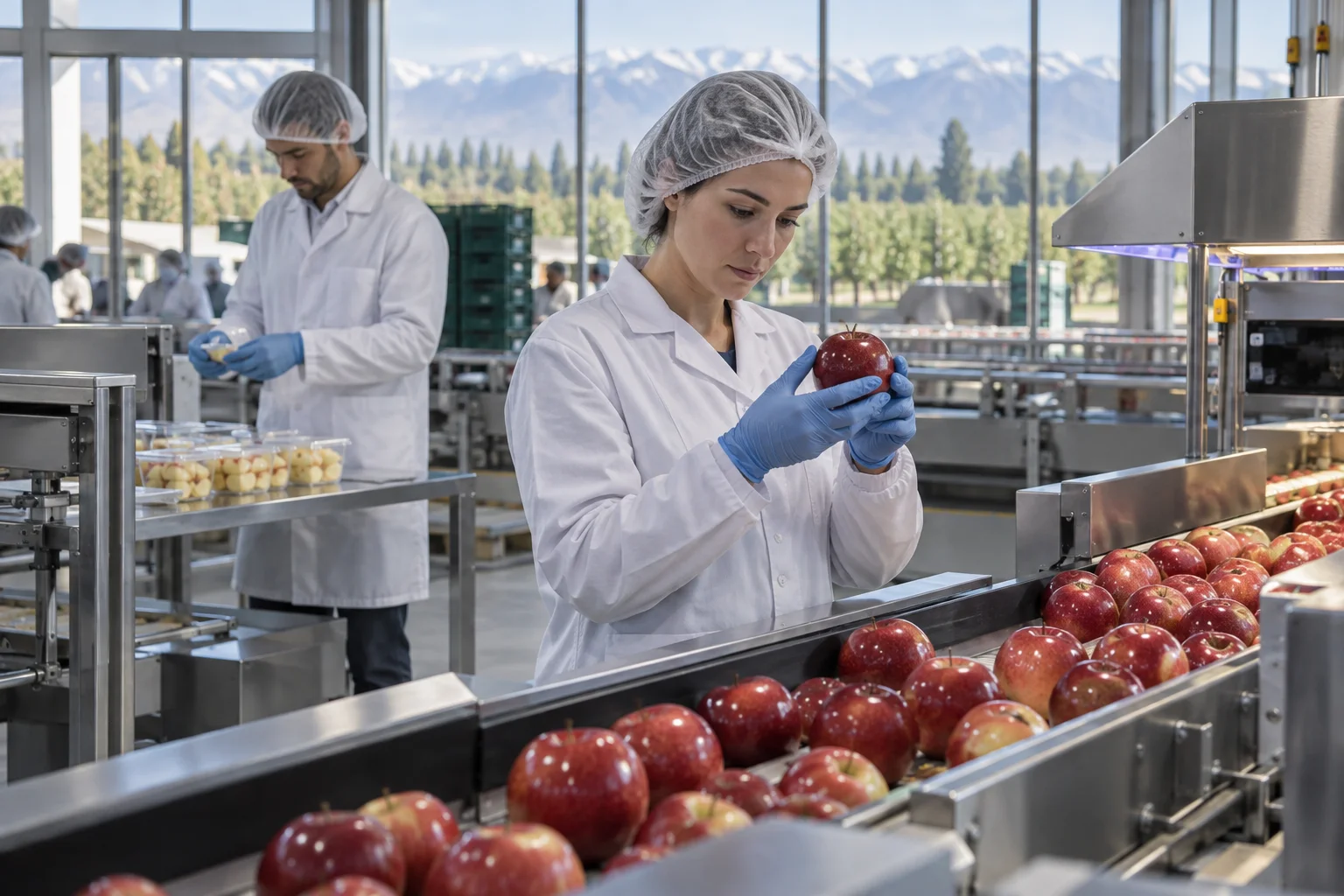 Escena editorial de revisión de inocuidad en una línea de selección de frutas