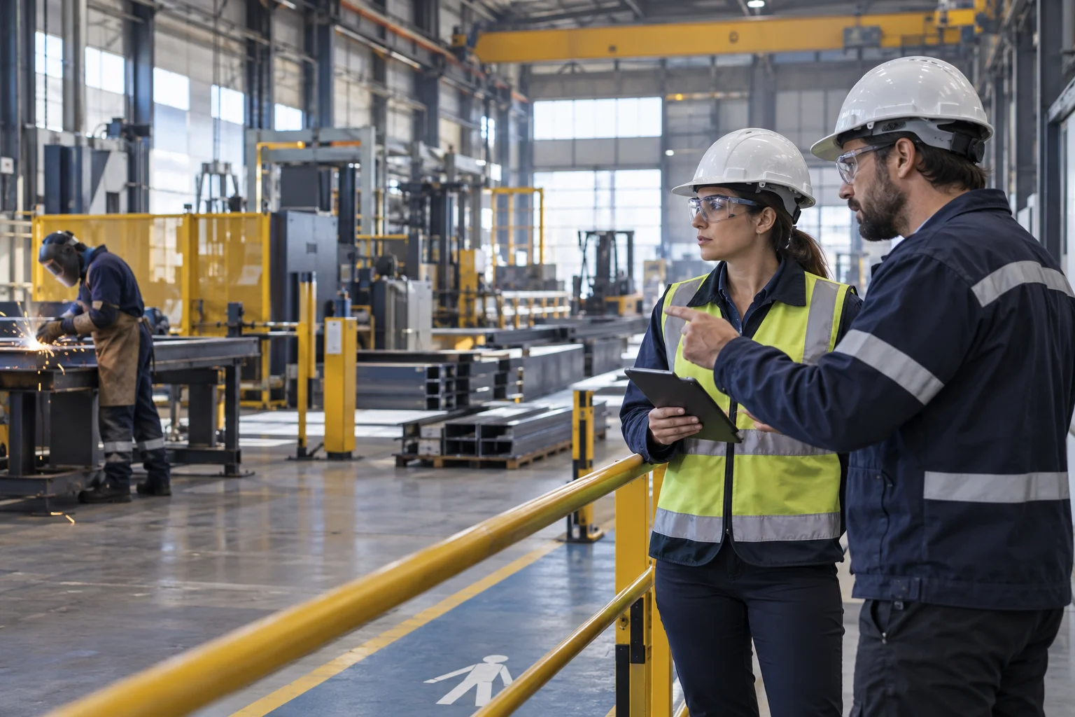 Escena editorial de observación de seguridad desde un corredor protegido de una planta industrial