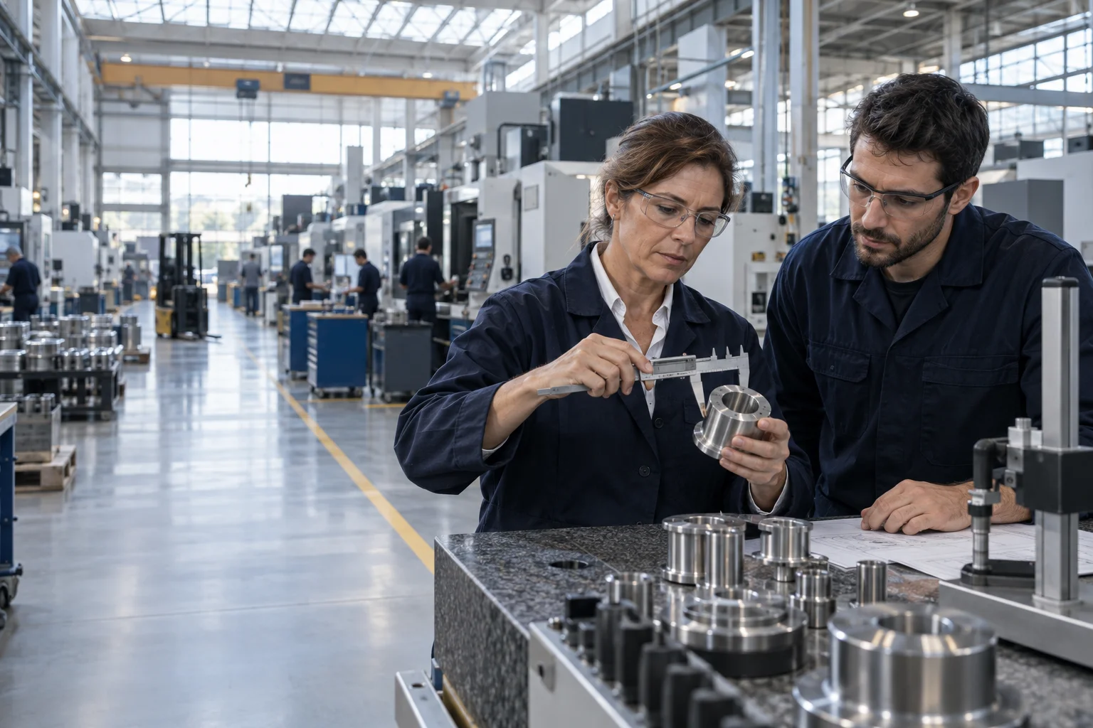 Escena editorial de control dimensional de componentes en una planta argentina de manufactura