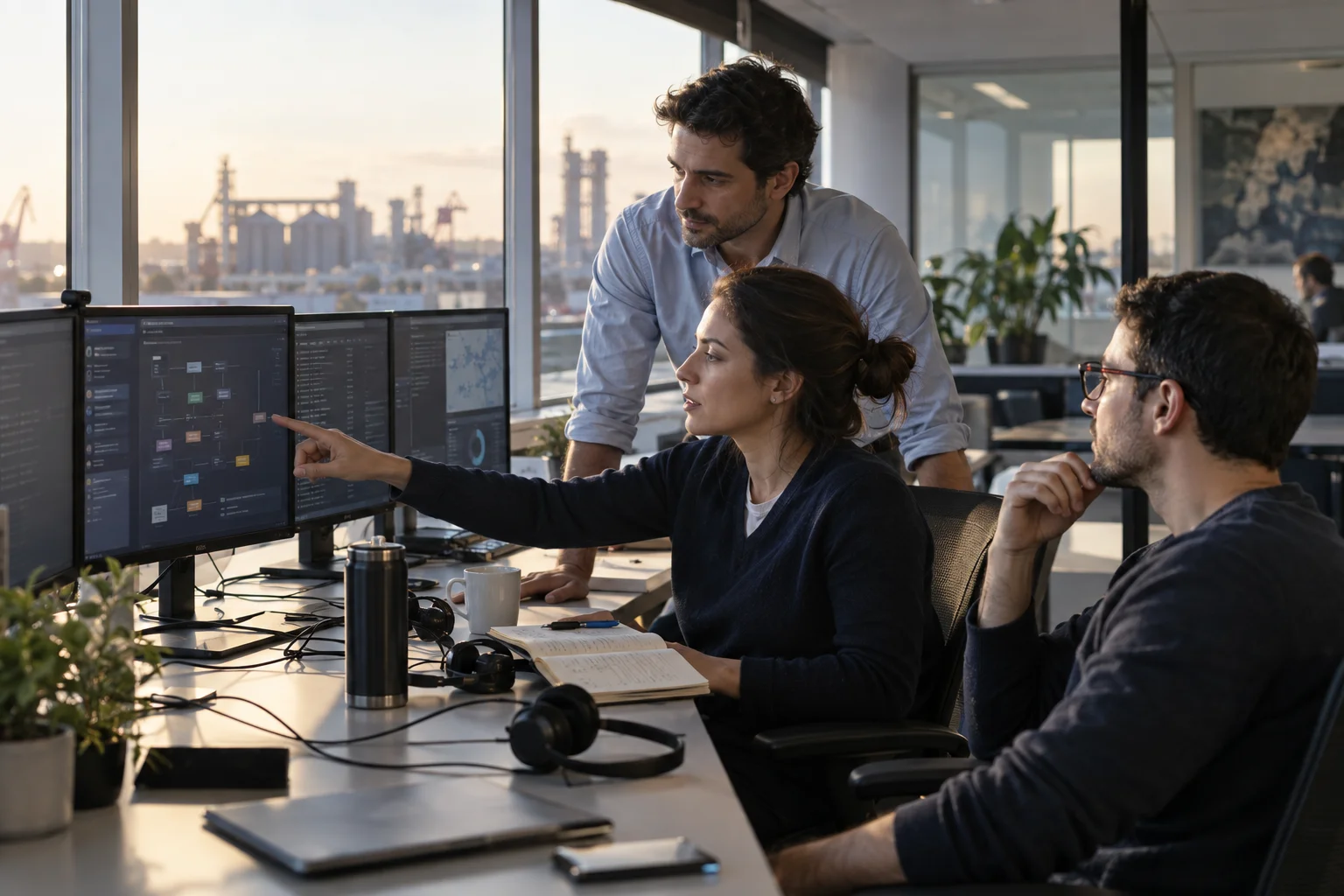 Escena editorial de un equipo coordinando la gestión de servicios de tecnología
