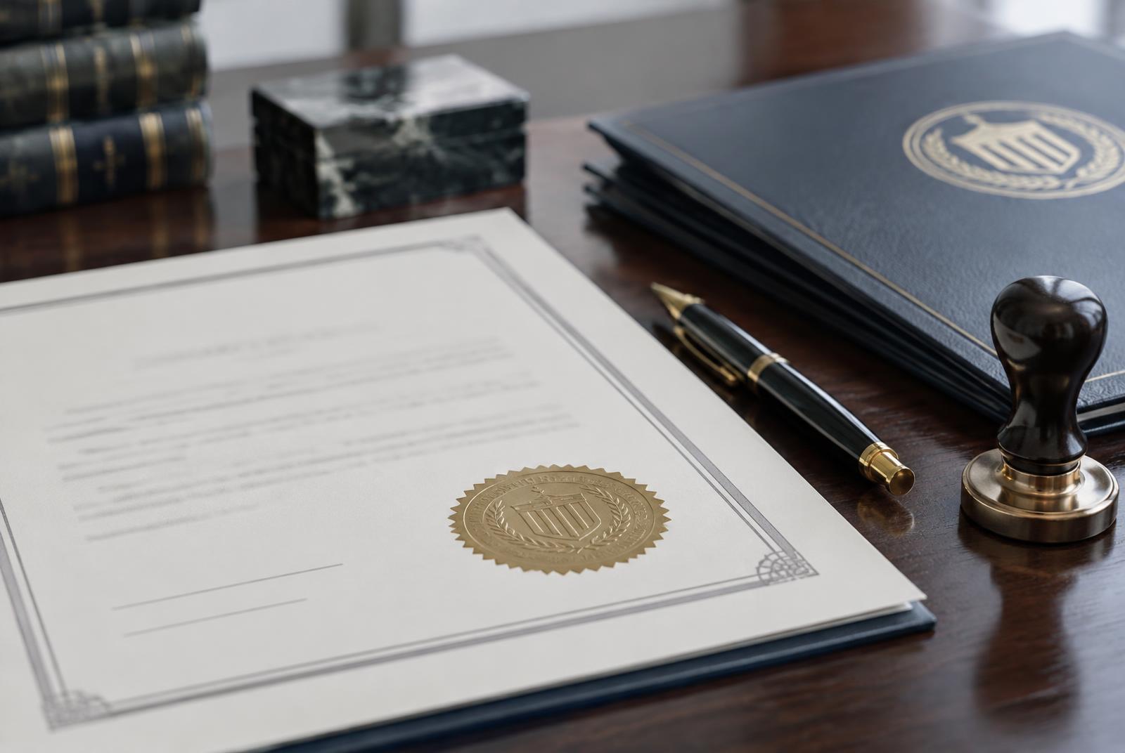 Documentación de certificación y sello sobre una mesa de trabajo
